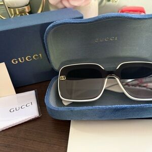 Gucci White Frame Black Lens Women's Sunglasses with Gold GG Accent